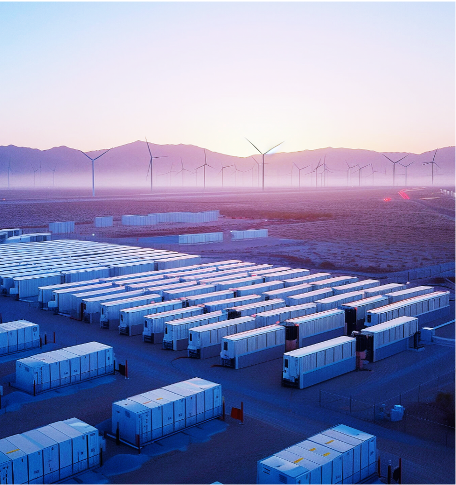 Battery storage containers in a desert valley with a wind farm at dawn